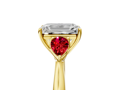 Yellow gold Emerald Cut Diamond Three-Stone Ring with Pear with Ruby side stone Side Stones and Prong Setting_5