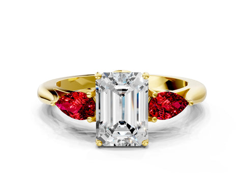 Yellow gold Emerald Cut Diamond Three-Stone Ring with Pear with Ruby side stone Side Stones and Prong Setting
