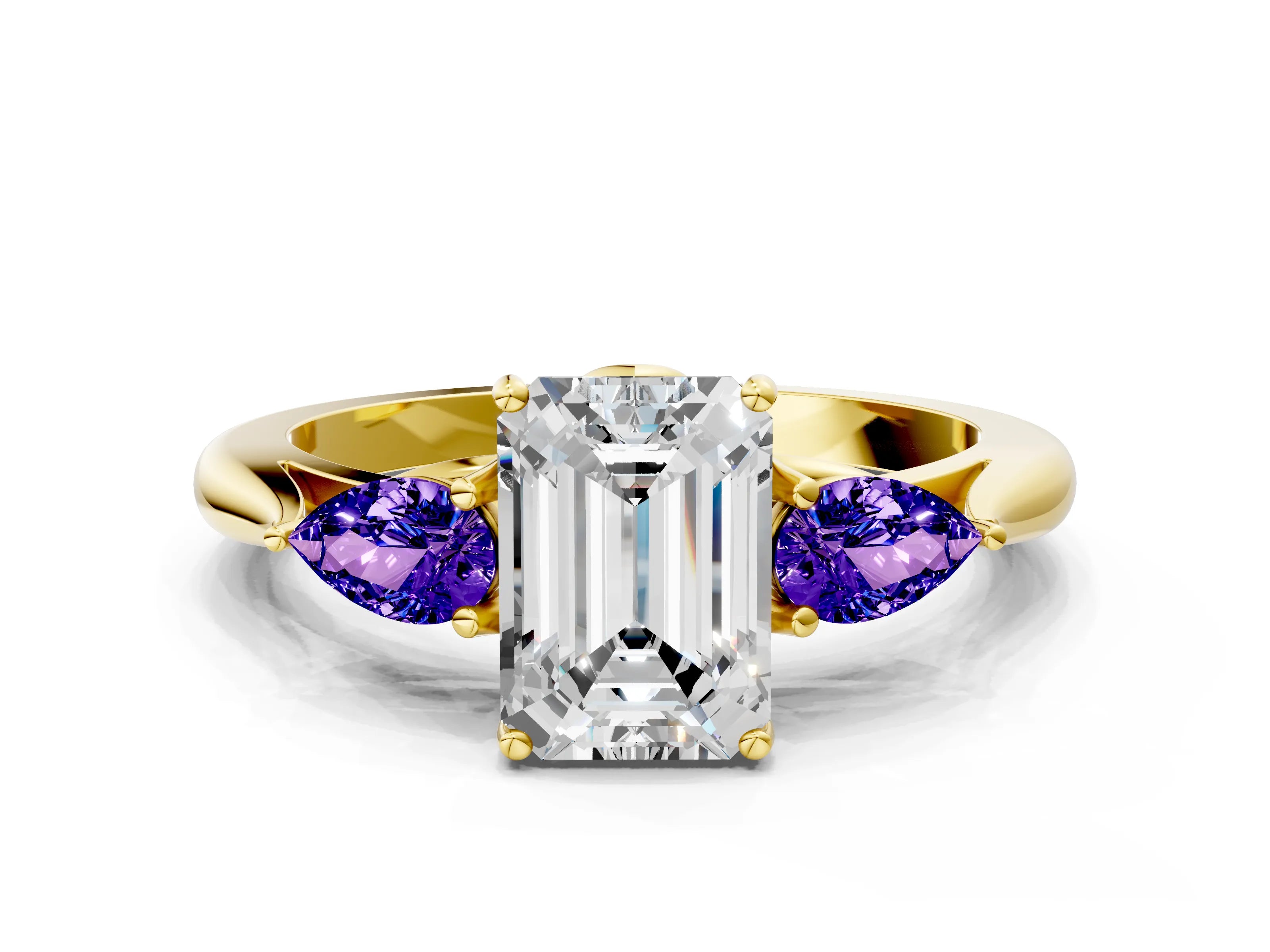 Yellow gold Emerald Cut Diamond Three-Stone Ring with Pear with Tanzanite side stone Side Stones and Prong Setting