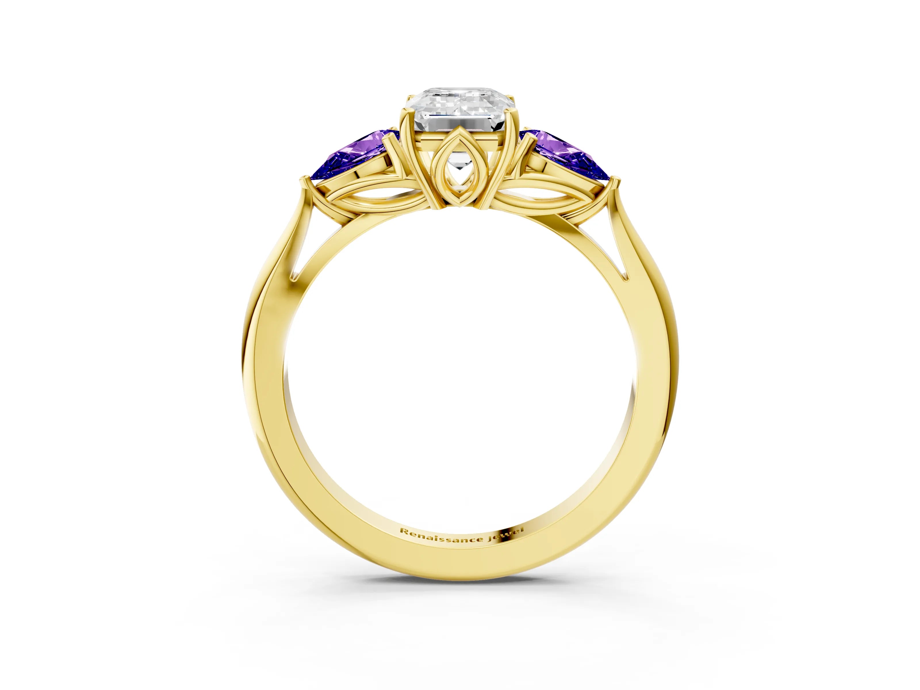 Yellow gold Emerald Cut Diamond Three-Stone Ring with Pear with Tanzanite side stone Side Stones and Prong Setting_3