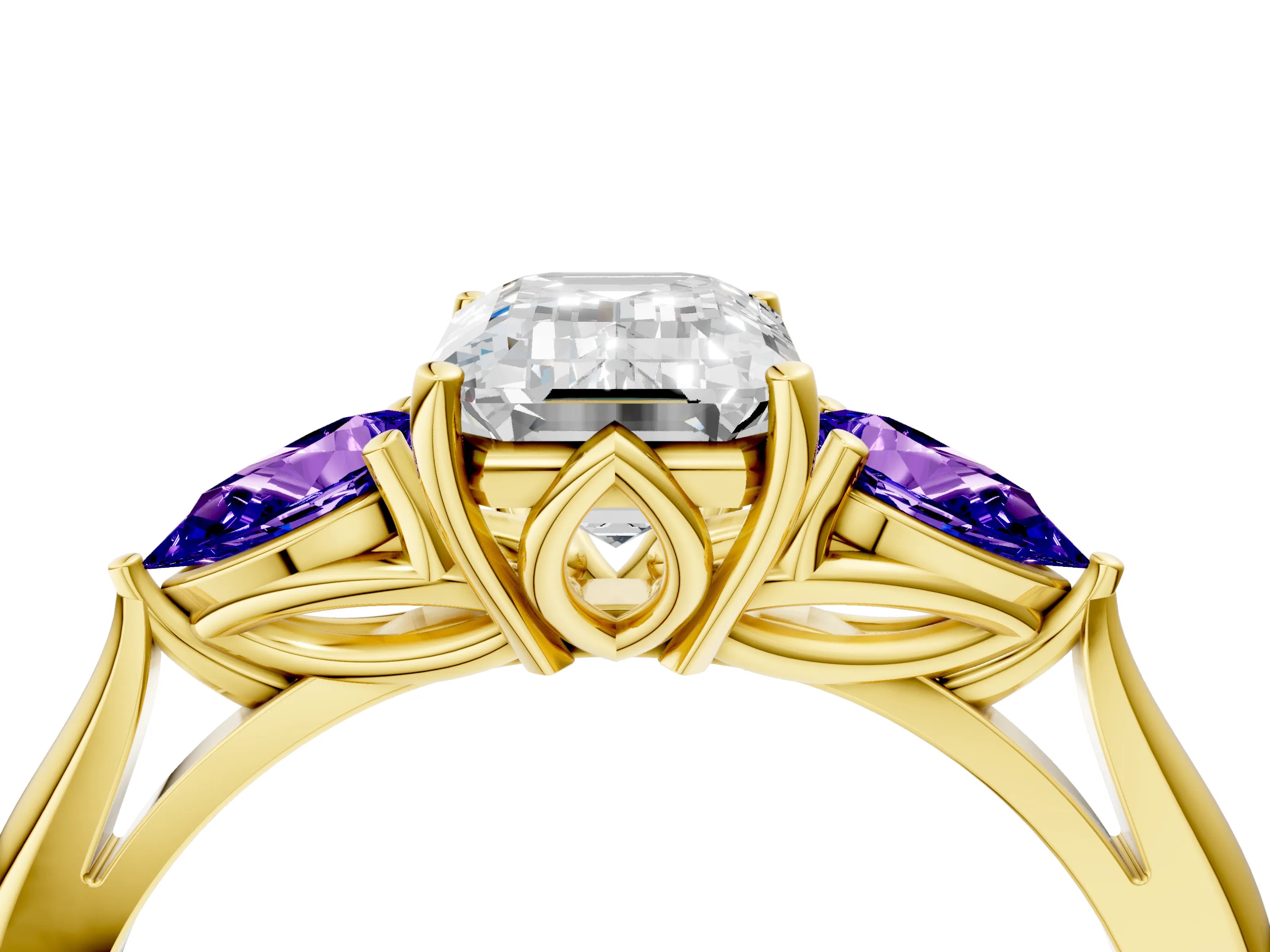 Yellow gold Emerald Cut Diamond Three-Stone Ring with Pear with Tanzanite side stone Side Stones and Prong Setting_4