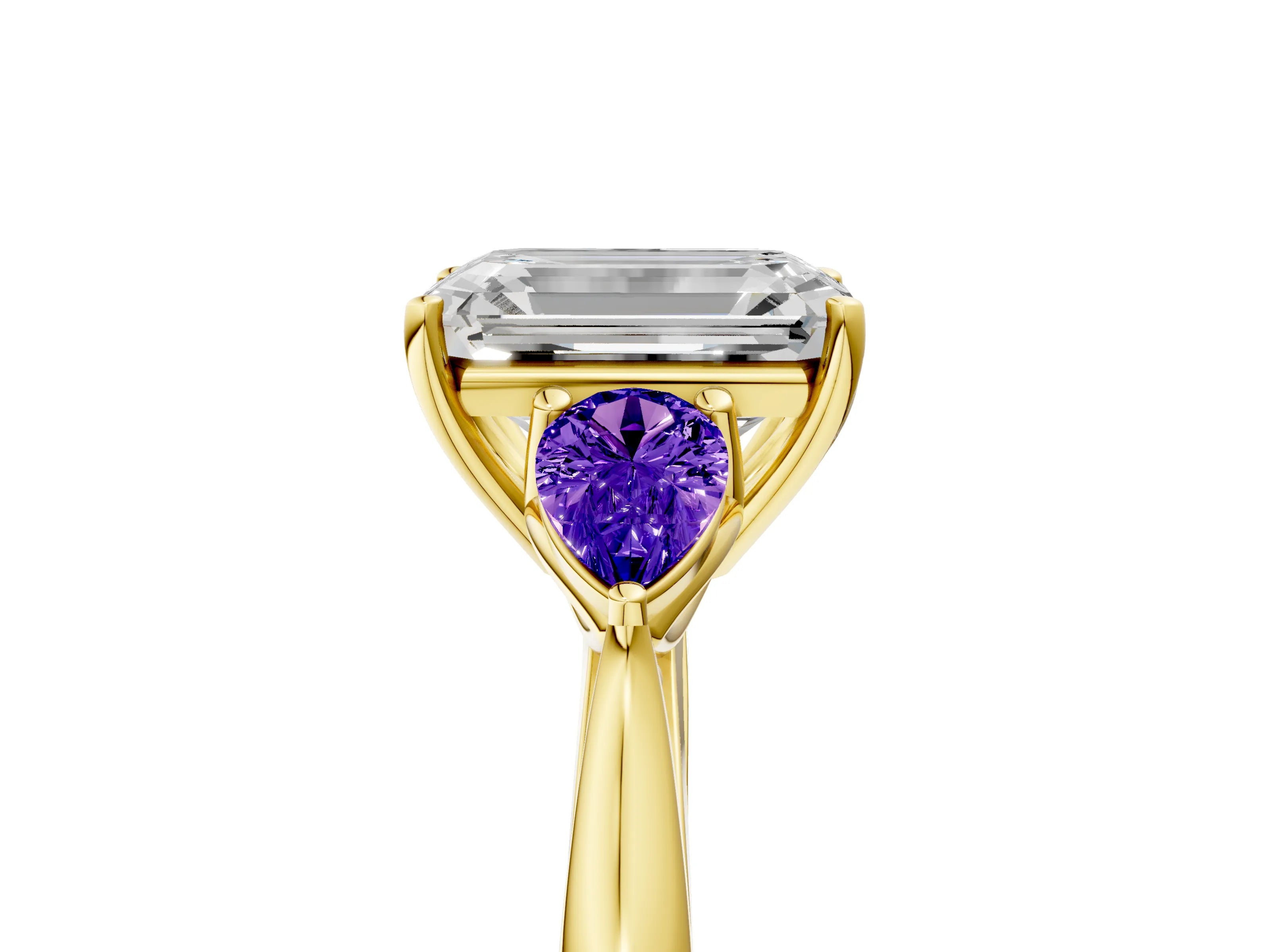 Yellow gold Emerald Cut Diamond Three-Stone Ring with Pear with Tanzanite side stone Side Stones and Prong Setting_5