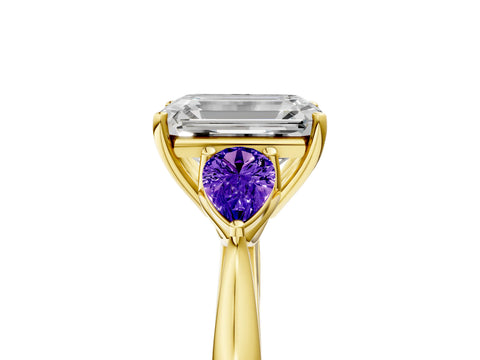 Yellow gold Emerald Cut Diamond Three-Stone Ring with Pear with Tanzanite side stone Side Stones and Prong Setting_5