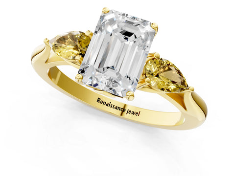 Yellow gold Emerald Cut Diamond Three-Stone Ring with Pear with Yellow Sapphire side stone Side Stones and Prong Setting_1