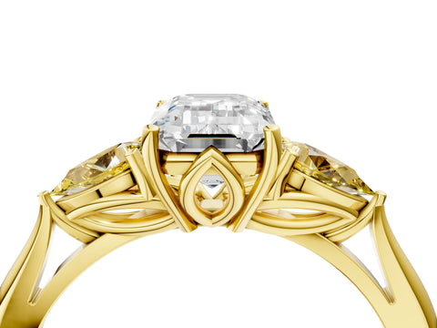 Yellow gold Emerald Cut Diamond Three-Stone Ring with Pear with Yellow Sapphire side stone Side Stones and Prong Setting_4