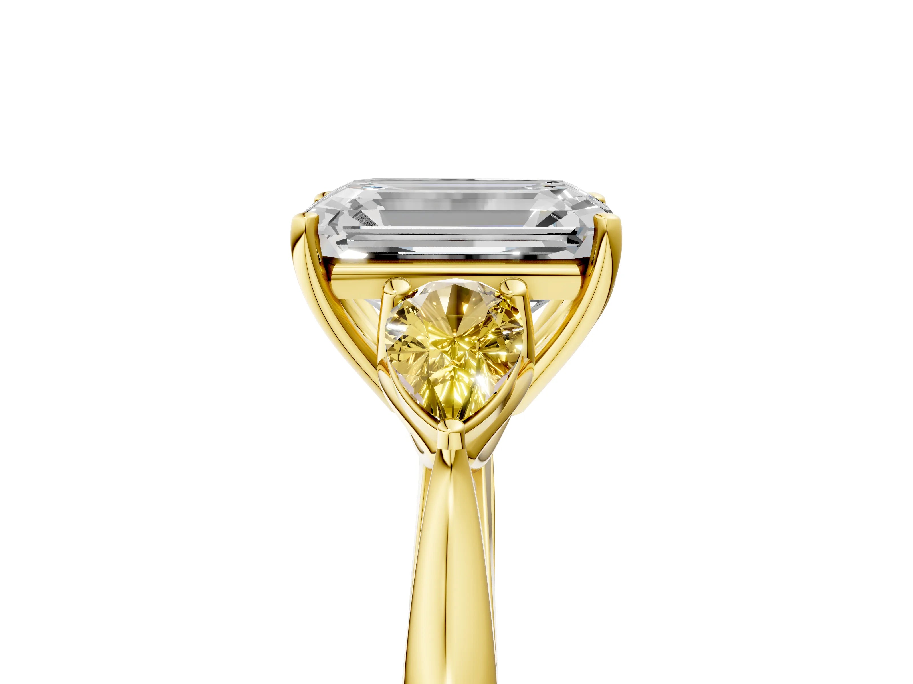 Yellow gold Emerald Cut Diamond Three-Stone Ring with Pear with Yellow Sapphire side stone Side Stones and Prong Setting_5