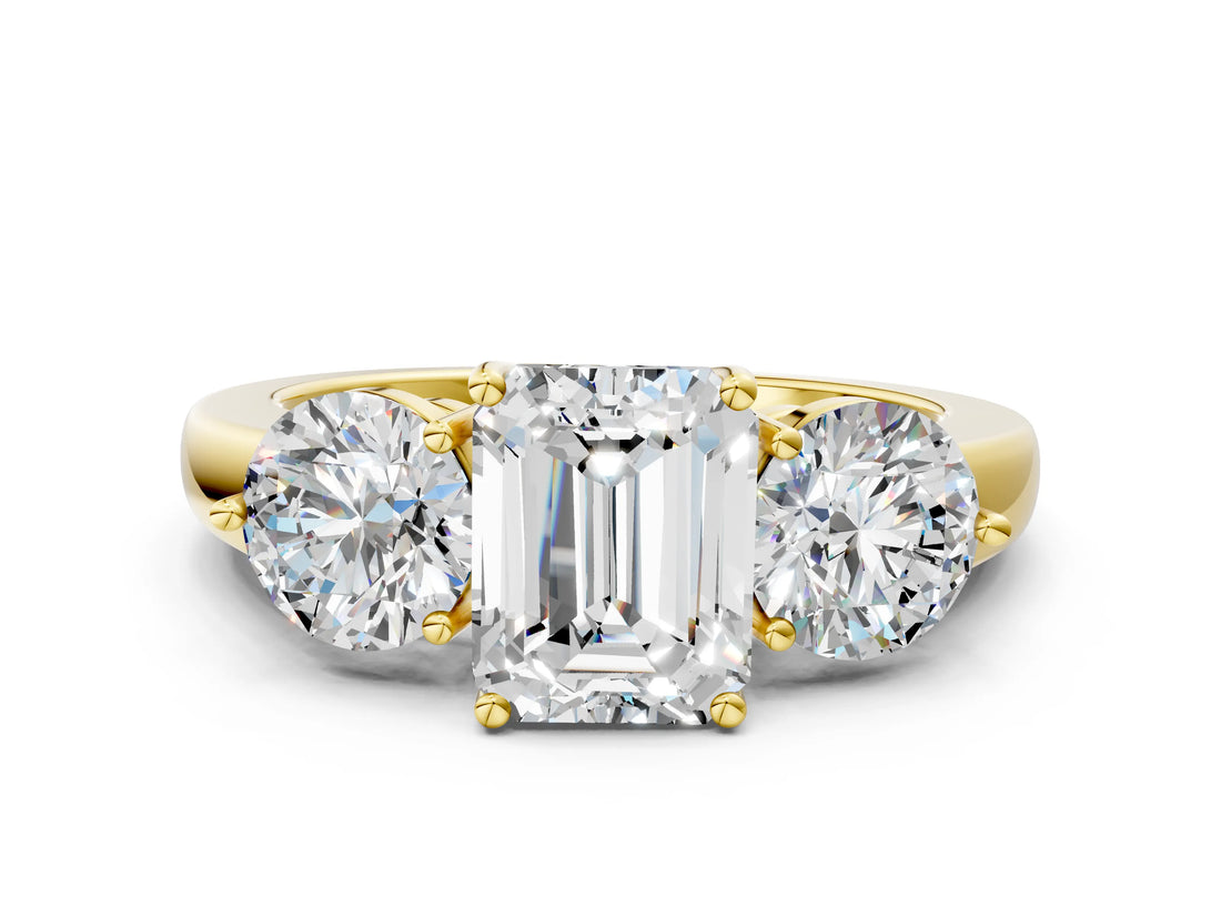 Yellow gold Emerald Cut Diamond Three-Stone Ring with Prong Setting and Classic Band_91