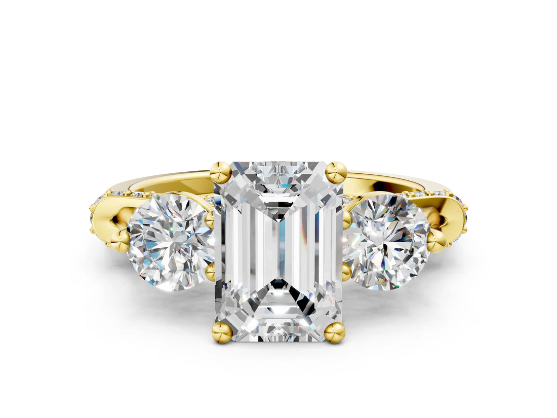 Yellow gold Emerald Cut Diamond Three-Stone Ring with Prong Setting and Pavé Band_3