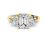 Yellow gold Emerald Cut Diamond Three-Stone Ring with Prong Setting and Pavé Band_3