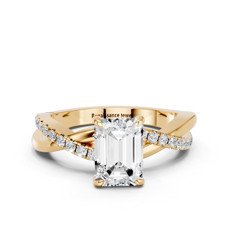 Yellow gold Emerald Cut Diamond Twist Band Solitaire with Prong Setting_23