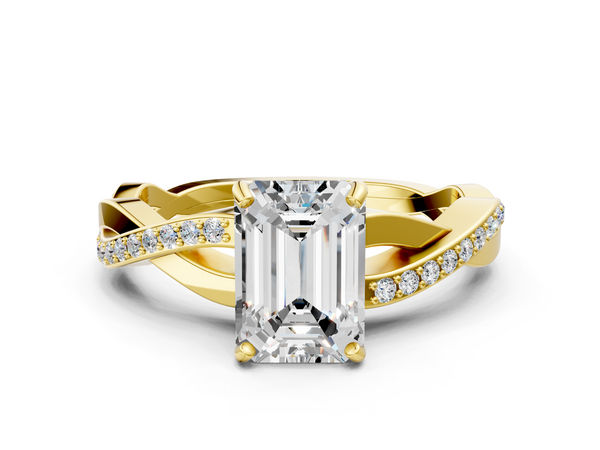 Yellow gold Emerald Cut Diamond Twisted Band Engagement Ring with Prong Setting