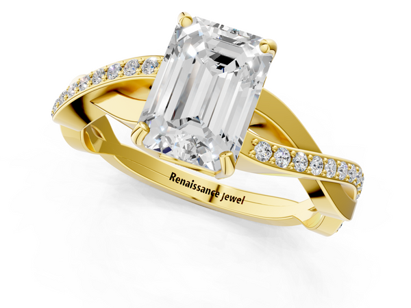 Yellow gold Emerald Cut Diamond Twisted Band Engagement Ring with Prong Setting