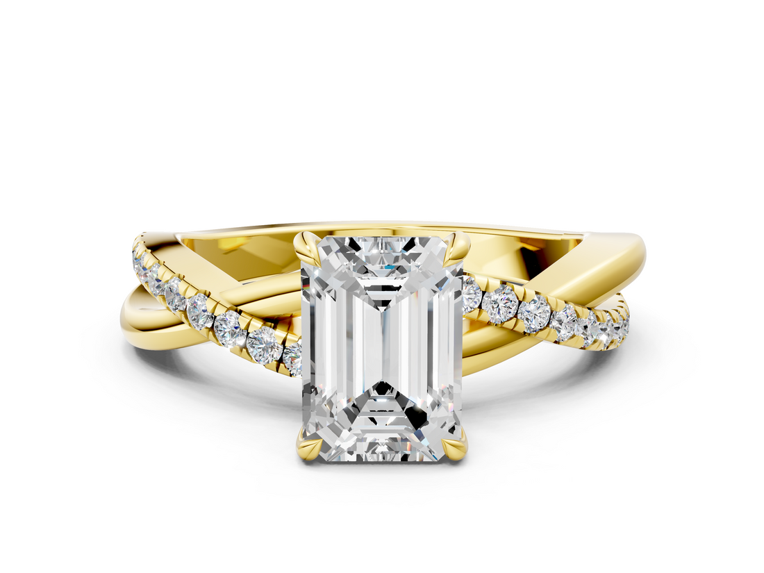 Yellow gold Emerald Cut Diamond Twisted Band with Pavé Setting and Four-Prong Setting_30