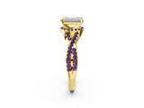 Yellow gold Emerald Cut Diamond with Amethyst side stone Halo Twist Band Solitaire Prong Setting Ring_14
