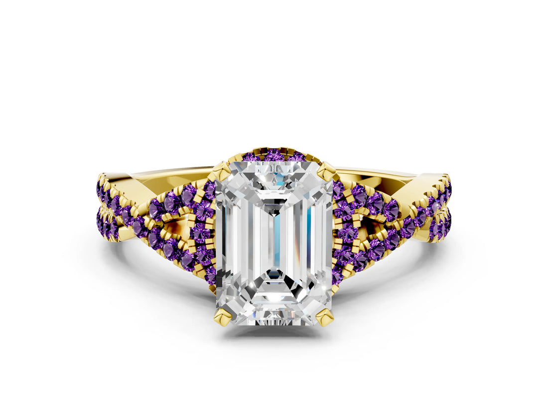 Yellow gold Emerald Cut Diamond with Amethyst side stone Halo Twist Band Solitaire Prong Setting Ring_24