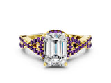 Yellow gold Emerald Cut Diamond with Amethyst side stone Halo Twist Band Solitaire Prong Setting Ring_24