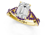 Yellow gold Emerald Cut Diamond with Amethyst side stone Halo Twist Band Solitaire Prong Setting Ring_25