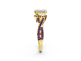 Yellow gold Emerald Cut Diamond with Amethyst side stone Halo Twist Band Solitaire Prong Setting Ring_26
