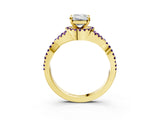 Yellow gold Emerald Cut Diamond with Amethyst side stone Halo Twist Band Solitaire Prong Setting Ring_27