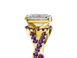 Yellow gold Emerald Cut Diamond with Amethyst side stone Halo Twist Band Solitaire Prong Setting Ring_29