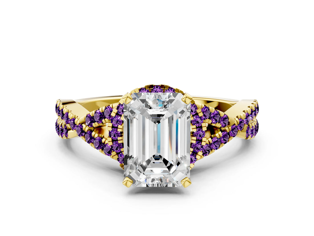 Yellow gold Emerald Cut Diamond with Amethyst side stone Halo Twist Band Solitaire Prong Setting Ring_36