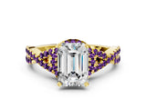 Yellow gold Emerald Cut Diamond with Amethyst side stone Halo Twist Band Solitaire Prong Setting Ring_36