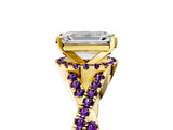 Yellow gold Emerald Cut Diamond with Amethyst side stone Halo Twist Band Solitaire Prong Setting Ring_41