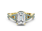 Yellow gold Emerald Cut Diamond with Aquamarine side stone Halo Twist Band Solitaire Prong Setting Ring_12