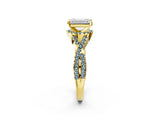 Yellow gold Emerald Cut Diamond with Aquamarine side stone Halo Twist Band Solitaire Prong Setting Ring_14
