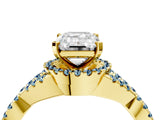 Yellow gold Emerald Cut Diamond with Aquamarine side stone Halo Twist Band Solitaire Prong Setting Ring_16