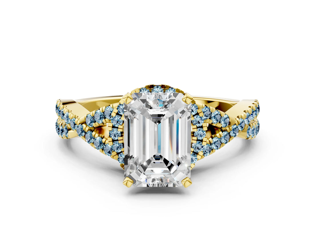 Yellow gold Emerald Cut Diamond with Aquamarine side stone Halo Twist Band Solitaire Prong Setting Ring_24