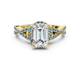 Yellow gold Emerald Cut Diamond with Aquamarine side stone Halo Twist Band Solitaire Prong Setting Ring_24