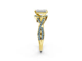 Yellow gold Emerald Cut Diamond with Aquamarine side stone Halo Twist Band Solitaire Prong Setting Ring_26