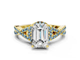 Yellow gold Emerald Cut Diamond with Aquamarine side stone Halo Twist Band Solitaire Prong Setting Ring_36