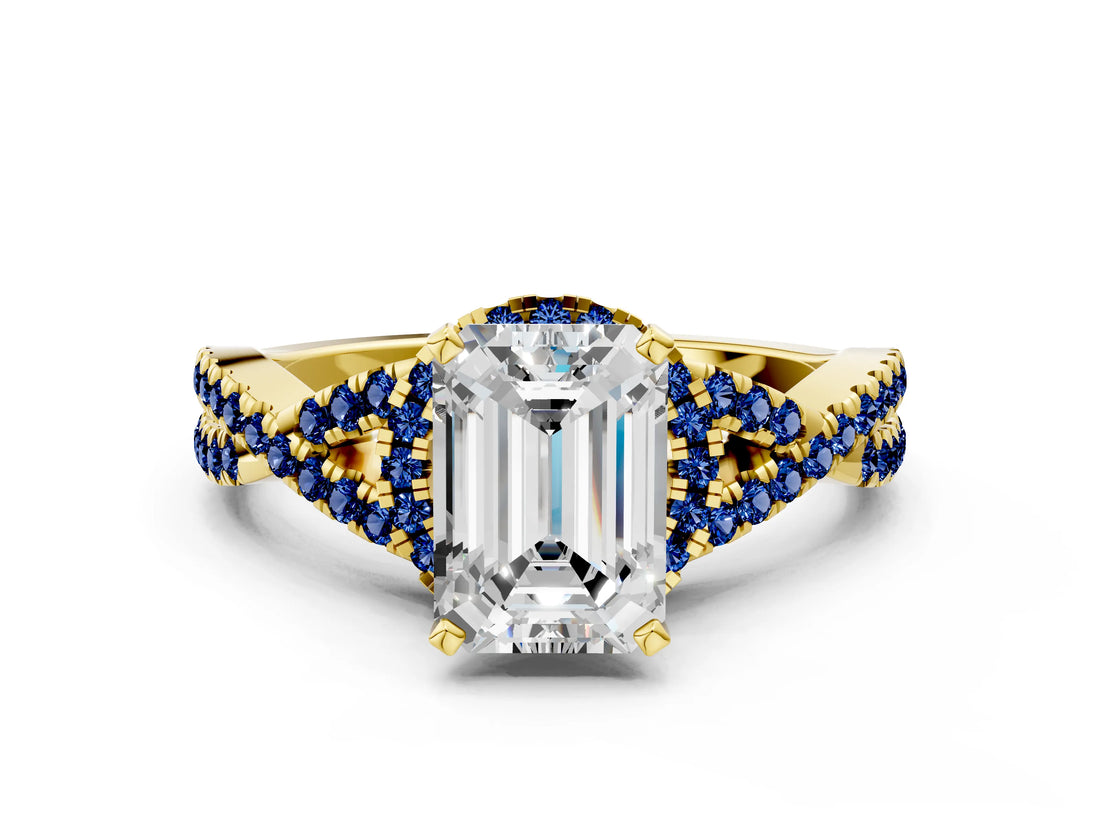 Yellow gold Emerald Cut Diamond with Blue Sapphire side stone Halo Twist Band Solitaire Prong Setting Ring_12