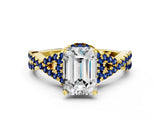 Yellow gold Emerald Cut Diamond with Blue Sapphire side stone Halo Twist Band Solitaire Prong Setting Ring_12