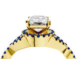 Yellow gold Emerald Cut Diamond with Blue Sapphire side stone Halo Twist Band Solitaire Prong Setting Ring_16
