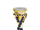 Yellow gold Emerald Cut Diamond with Blue Sapphire side stone Halo Twist Band Solitaire Prong Setting Ring_17