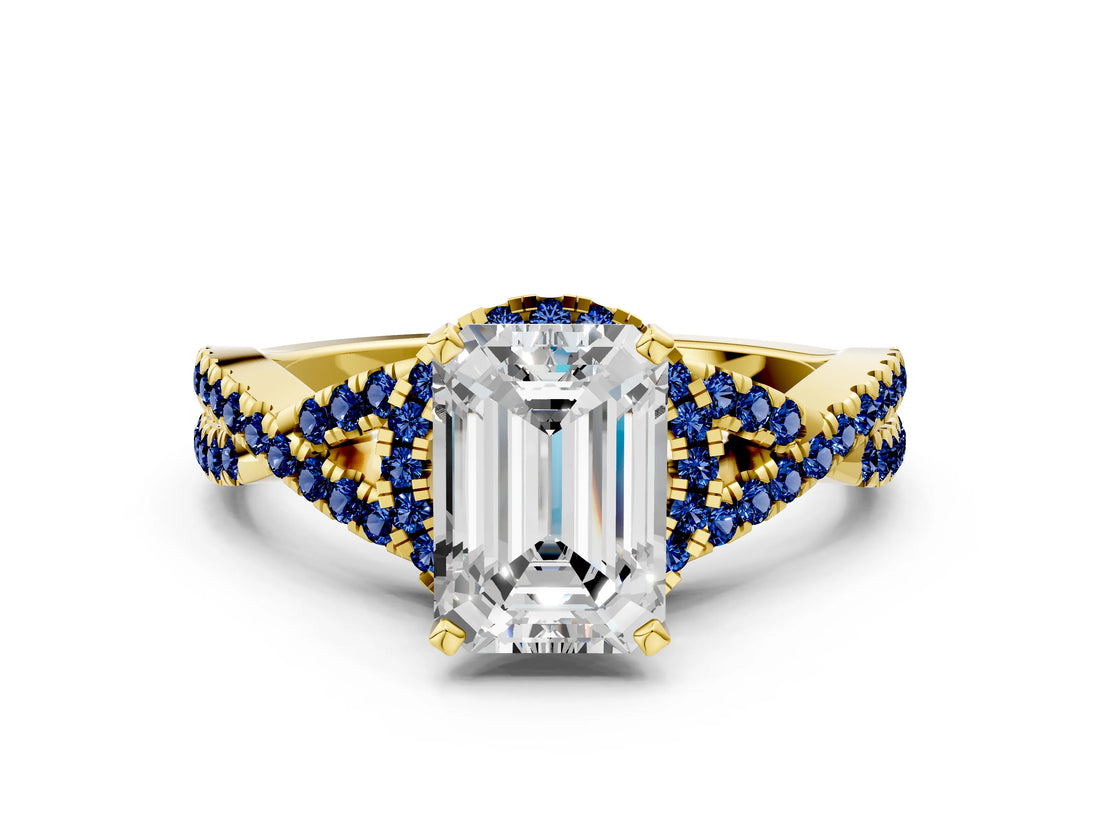 Yellow gold Emerald Cut Diamond with Blue Sapphire side stone Halo Twist Band Solitaire Prong Setting Ring_36