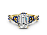 Yellow gold Emerald Cut Diamond with Blue Sapphire side stone Halo Twist Band Solitaire Prong Setting Ring_36