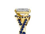 Yellow gold Emerald Cut Diamond with Blue Sapphire side stone Halo Twist Band Solitaire Prong Setting Ring_41