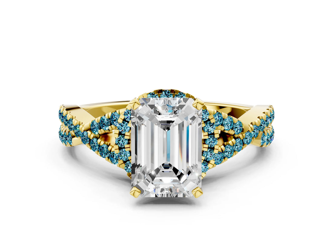 Yellow gold Emerald Cut Diamond with Blue Topaz side stone Halo Twist Band Solitaire Prong Setting Ring_12