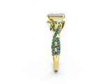 Yellow gold Emerald Cut Diamond with Blue Topaz side stone Halo Twist Band Solitaire Prong Setting Ring_14