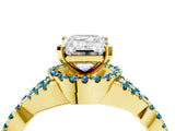 Yellow gold Emerald Cut Diamond with Blue Topaz side stone Halo Twist Band Solitaire Prong Setting Ring_16