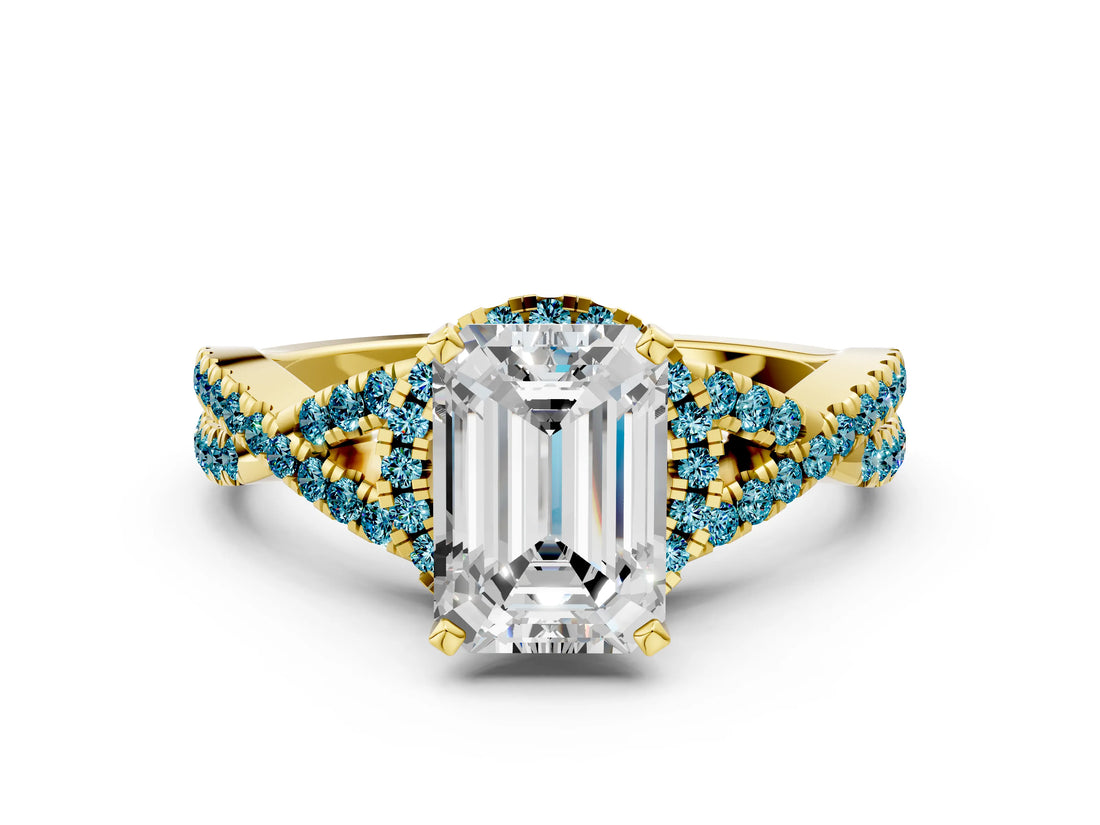 Yellow gold Emerald Cut Diamond with Blue Topaz side stone Halo Twist Band Solitaire Prong Setting Ring_24