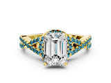 Yellow gold Emerald Cut Diamond with Blue Topaz side stone Halo Twist Band Solitaire Prong Setting Ring_24