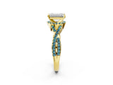 Yellow gold Emerald Cut Diamond with Blue Topaz side stone Halo Twist Band Solitaire Prong Setting Ring_26