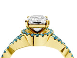 Yellow gold Emerald Cut Diamond with Blue Topaz side stone Halo Twist Band Solitaire Prong Setting Ring_28