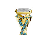 Yellow gold Emerald Cut Diamond with Blue Topaz side stone Halo Twist Band Solitaire Prong Setting Ring_29