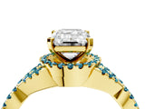 Yellow gold Emerald Cut Diamond with Blue Topaz side stone Halo Twist Band Solitaire Prong Setting Ring_40